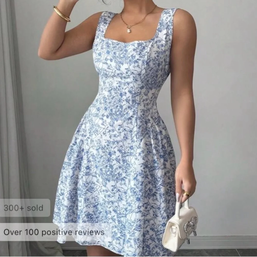 SHEIN Blue Floral Skater Dress Open Back Bow Tie Mini Dress - Picture 13 of 13
